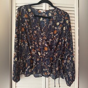 Nine Britton Navy Floral Blouse with Orange and Cream Accents